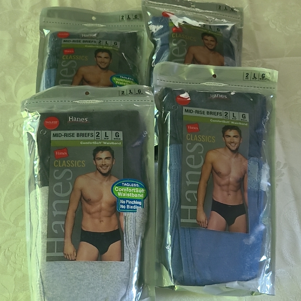 Hanes Men's Mid-Rise Briefs 2-Pack - Black,  Blue, Gray Mixed (4 Packs Total)
